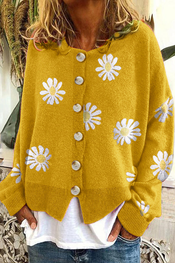 Grace - Round Neck Floral Embroidery Knitted Sweater Cardigan