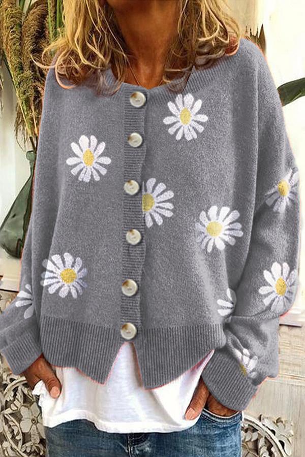 Grace - Round Neck Floral Embroidery Knitted Sweater Cardigan
