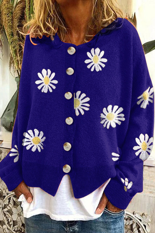 Grace - Round Neck Floral Embroidery Knitted Sweater Cardigan