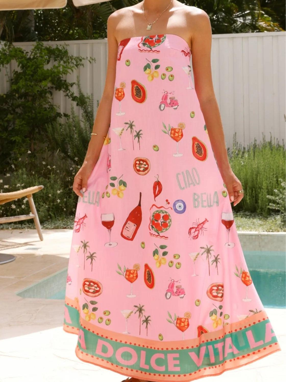 Elsa - Strapless Bandeau Resort Print Maxi Dress