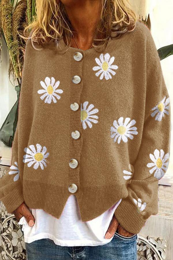 Grace - Round Neck Floral Embroidery Knitted Sweater Cardigan