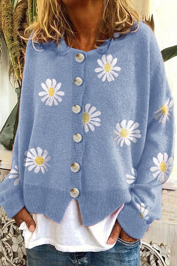 Grace - Round Neck Floral Embroidery Knitted Sweater Cardigan