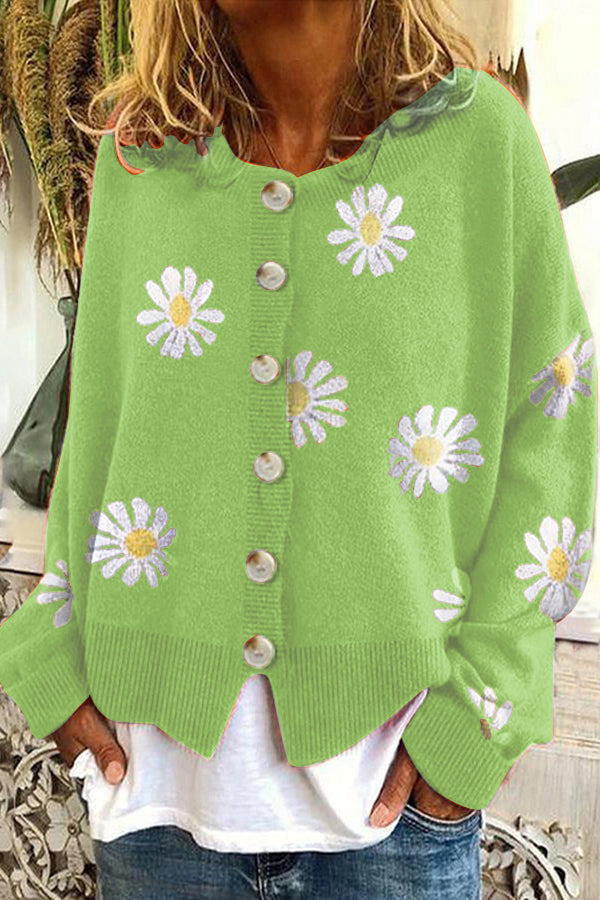 Grace - Round Neck Floral Embroidery Knitted Sweater Cardigan