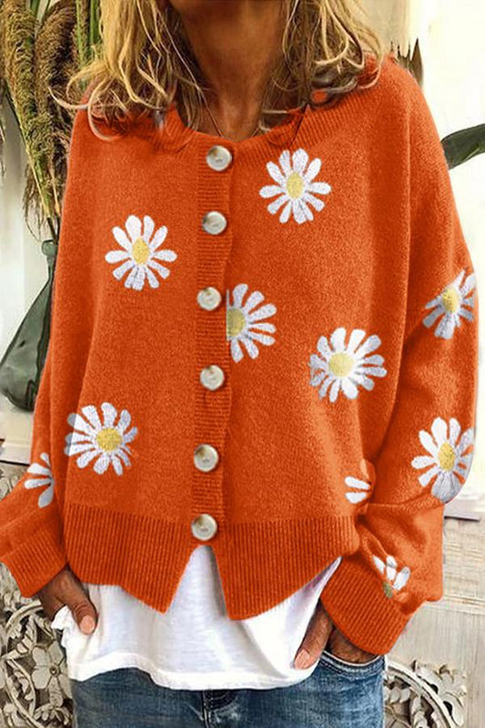 Grace - Round Neck Floral Embroidery Knitted Sweater Cardigan